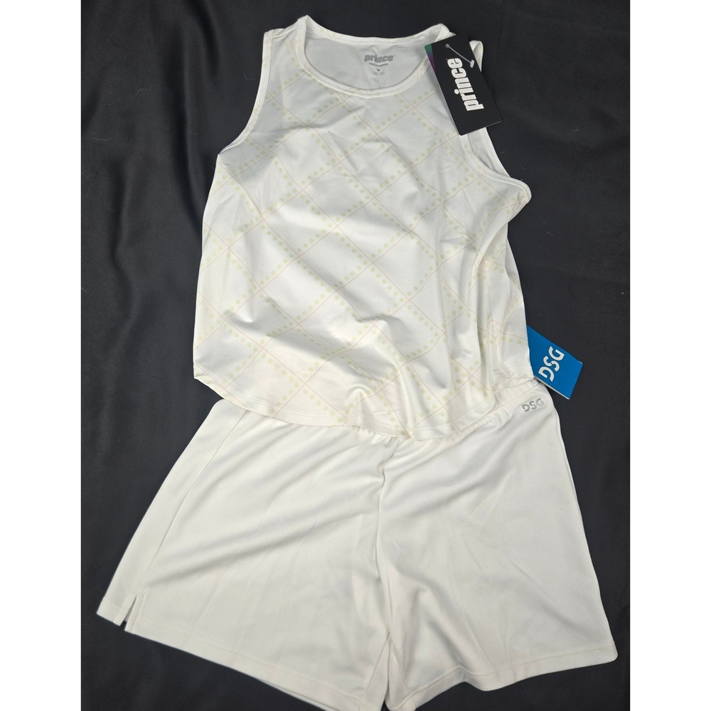 Prince Girls White Court Lines Print Tank Top DSG Mesh Shorts Set M 10-12 Tennis